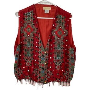 Vintage Other Destination Beaded Silk Vest Silk Medium Boho Hippie Y2K Flawed
